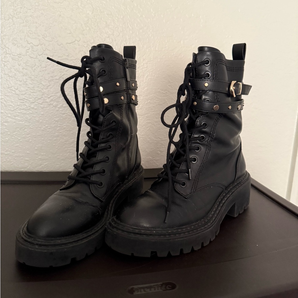 Stradivarius Black Leather Combat Boots with Gold Accents